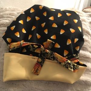 Satin lined halloween scub cap/ sleep bonnet.